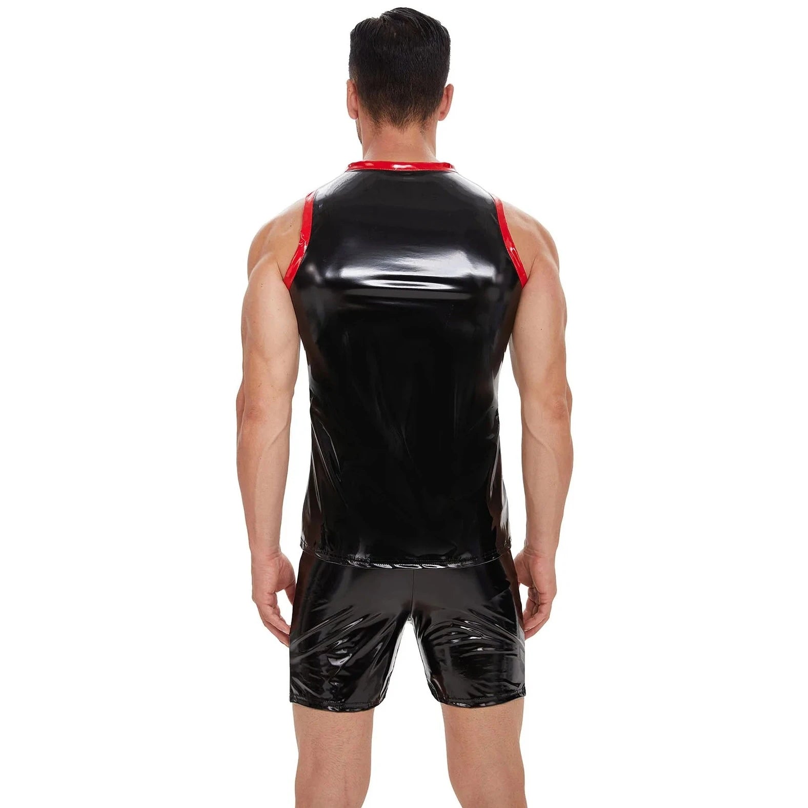 a sexy gay man in Men's Shiny PU Leather Black Star Tank Top - pridevoyageshop.com - gay costumes, men role play outfits, gay party costumes and gay rave outfits