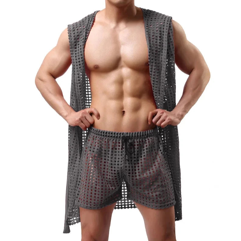 a hot man in gray Lord Hooded Mesh Lounge Robe - pridevoyageshop.com - men's pajamas, men's loungewear, men's sleepwear