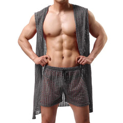 a hot man in gray Lord Hooded Mesh Lounge Robe - pridevoyageshop.com - men's pajamas, men's loungewear, men's sleepwear