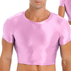 a hot gay gay in pink Men's Glossy Short Sleeve Sports Crop Top | Gay Crop Tops - pridevoyageshop.com - gay crop tops, gay casual clothes and gay clothes store