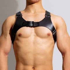 sexy gay man in Black Faux Leather Fetish Harness | Gay Harness- pridevoyageshop.com - gay men’s harness, lingerie and fetish wear