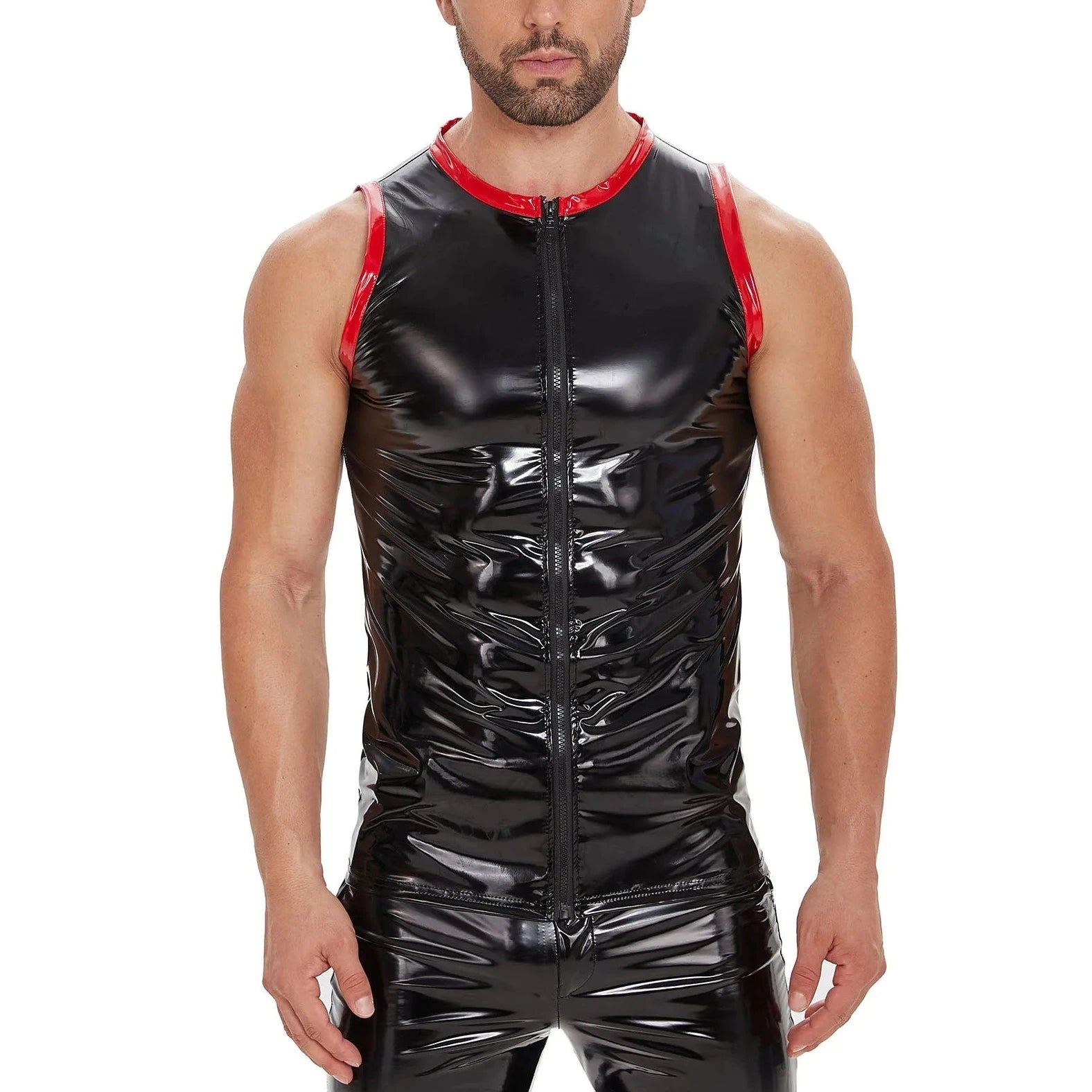 a sexy gay man in Men's Shiny PU Leather Black Star Tank Top - pridevoyageshop.com - gay costumes, men role play outfits, gay party costumes and gay rave outfits