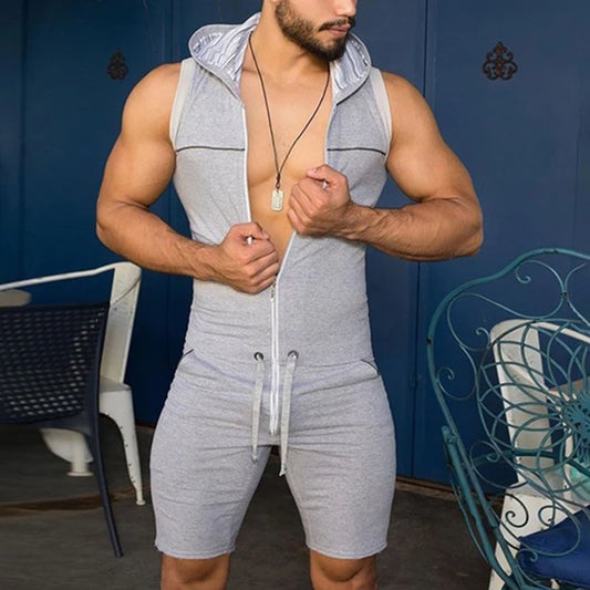 a hot daddy in gray Men's Zip Up Hooded Muscle Onesie - pridevoyageshop.com - gay men’s underwear and swimwear