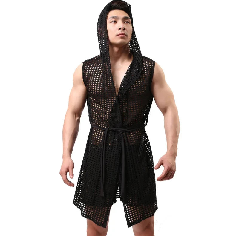 a hot man in black Lord Hooded Mesh Lounge Robe - pridevoyageshop.com - men's pajamas, men's loungewear, men's sleepwear