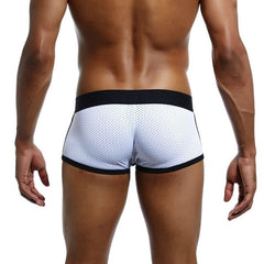 back of white Jockmail - Mens Mesh Boxers: 2023 New Bulge Pouch Underwear - pridevoyageshop.com - gay men’s underwear and swimwear