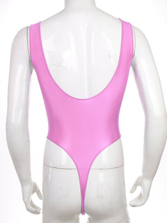 Pink The ’80s Shiny Thong Bodysuits - Men's Singlets, Bodysuits, Leotard & Unitard - pridevoyageshop.com