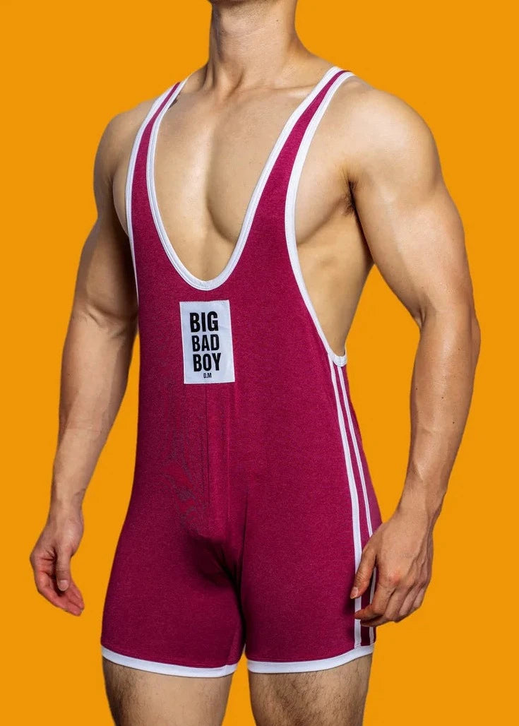 a sexy gay man in Burgundy DM Big Bad Boy Wrestling Singlet - Men's Singlets, Bodysuits, Rompers & Jumpsuits - pridevoyageshop.com