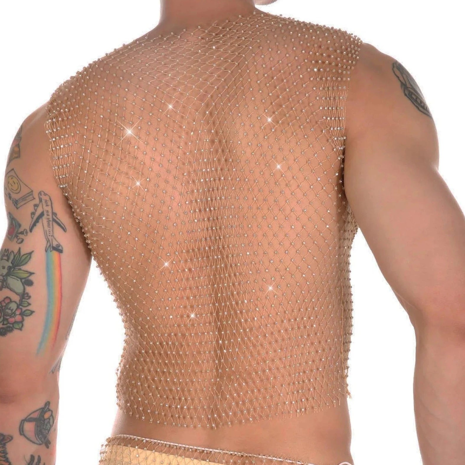 a hot gay man in golden Mens Rhinestone Shiny Mesh Tank Top - pridevoyageshop.com - gay costumes, men role play outfits, gay party costumes and gay rave outfits