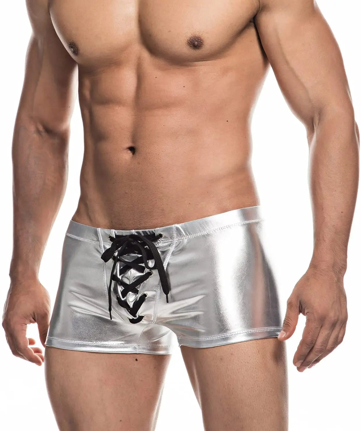 a hot gay man in silver Shiny Metallic Faux Leather Swim Trunks - pridevoyageshop.com - gay men’s underwear and swimwear