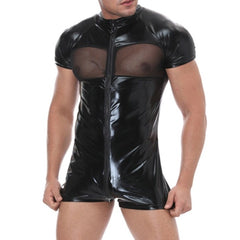 sexy gay man in Gay Bodysuit | "Show Your Pecs" Faux Leather Bodysuit - Men's Singlets, Bodysuits, Leotard & Unitard - pridevoyageshop.com