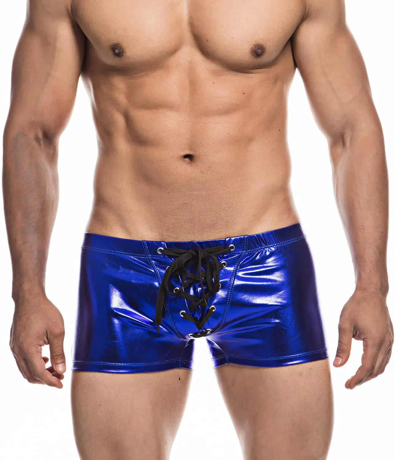 a hot gay man in blue Shiny Metallic Faux Leather Swim Trunks - pridevoyageshop.com - gay men’s underwear and swimwear