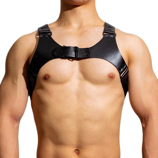 sexy gay man in Black Faux Leather Fetish Harness | Gay Harness- pridevoyageshop.com - gay men’s harness, lingerie and fetish wear