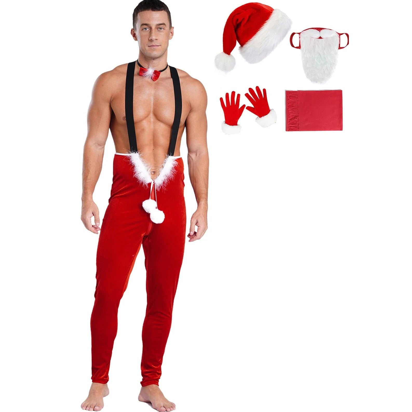 a sexy man in Santa’s Naughty Helper Jumpsuit Costume - pridevoyageshop.com - gay costumes, men role play outfits, gay party costumes and gay rave outfits