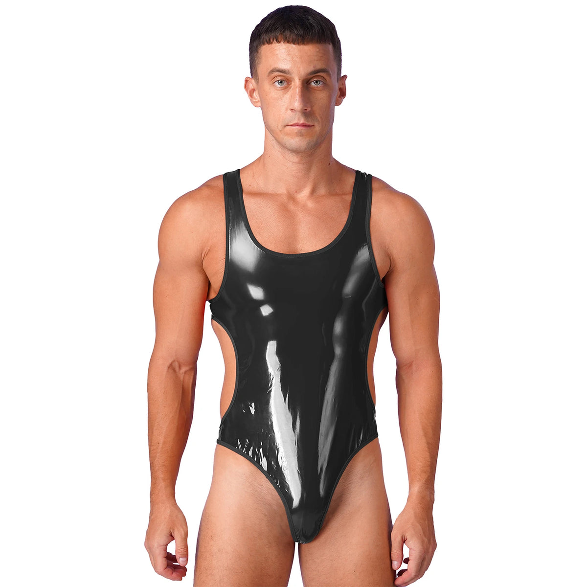 a hot gay man in black Alluring PU Leather Bodysuit - Men's Singlets, Bodysuits, Leotard & Unitard - pridevoyageshop.com