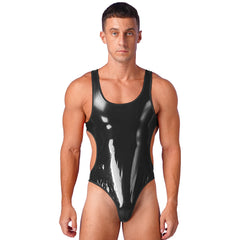 a hot gay man in black Alluring PU Leather Bodysuit - Men's Singlets, Bodysuits, Leotard & Unitard - pridevoyageshop.com