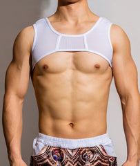 hot gay man in white white DM Passion Mesh Harness | Gay Harness- pridevoyageshop.com - gay men’s harness, lingerie and fetish wear