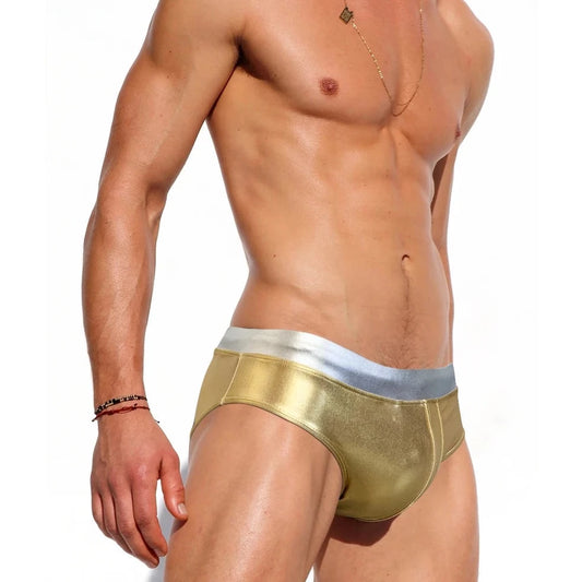 a hot gay man in gold Men's Liquid Metallic Swim Briefs - pridevoyageshop.com - gay men’s underwear and swimwear