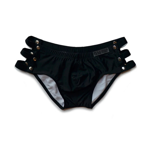 black DM Hollow Out Sideshow Swim Trunks - pridevoyageshop.com - gay men’s underwear and swimwear