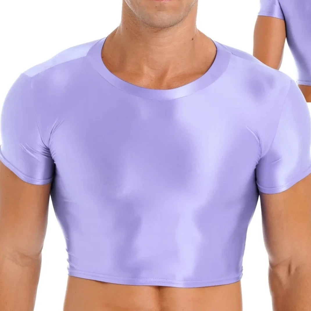 a hot gay guy in light purple Men's Glossy Short Sleeve Sports Crop Top | Gay Crop Tops - pridevoyageshop.com - gay crop tops, gay casual clothes and gay clothes store