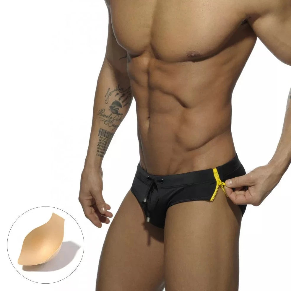 a sexy gay man in black Men's Zipper Swim Briefs - pridevoyageshop.com - gay men’s underwear and swimwear