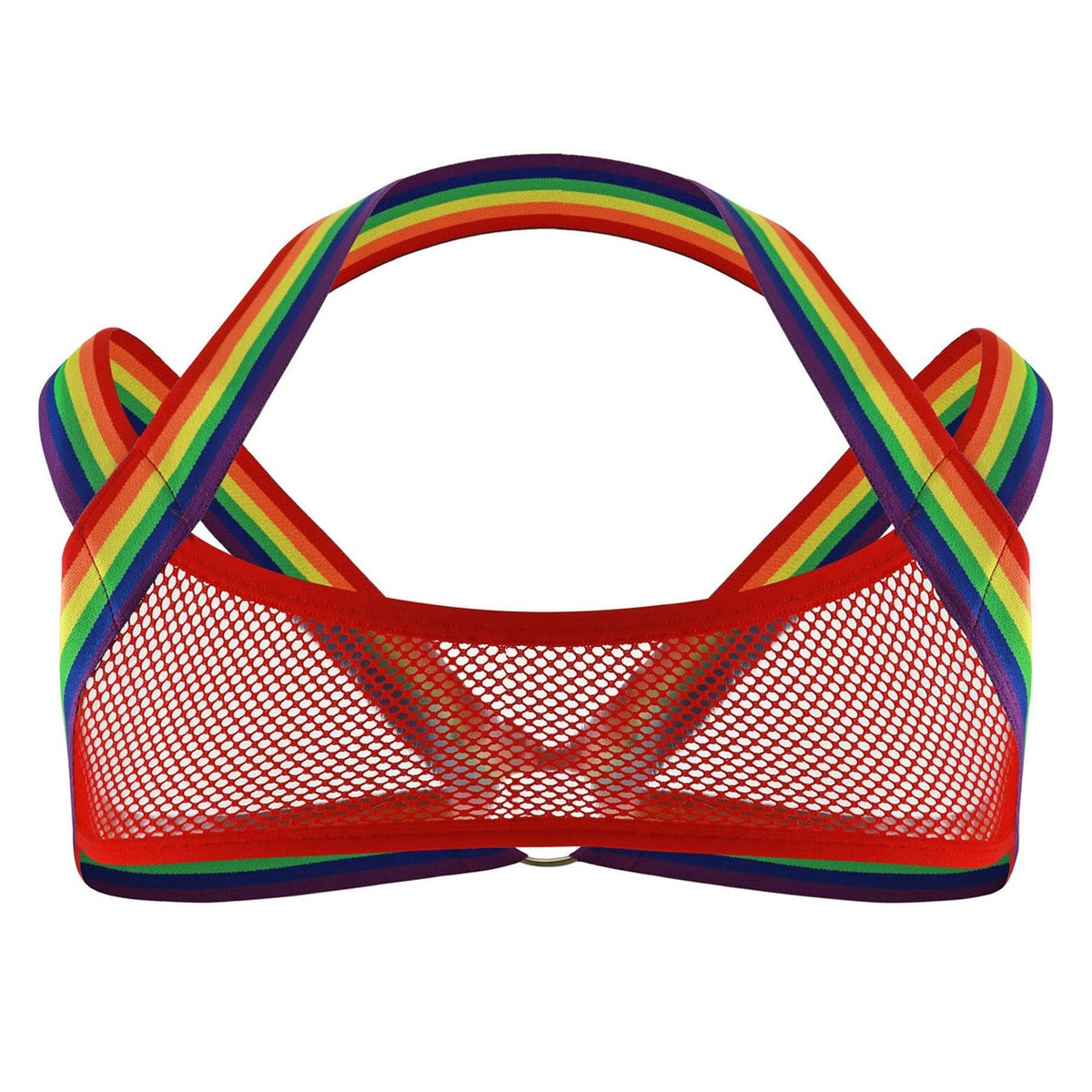 Red Rainbow Elastic Mesh Harness: Premium Men's Clubwear and Lingerie- pridevoyageshop.com - gay men’s harness, lingerie and fetish wear