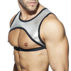 sexy gay man in silver gold Men's Metallic Chest Harness | Gay Harness- pridevoyageshop.com - gay men’s harness, lingerie and fetish wear