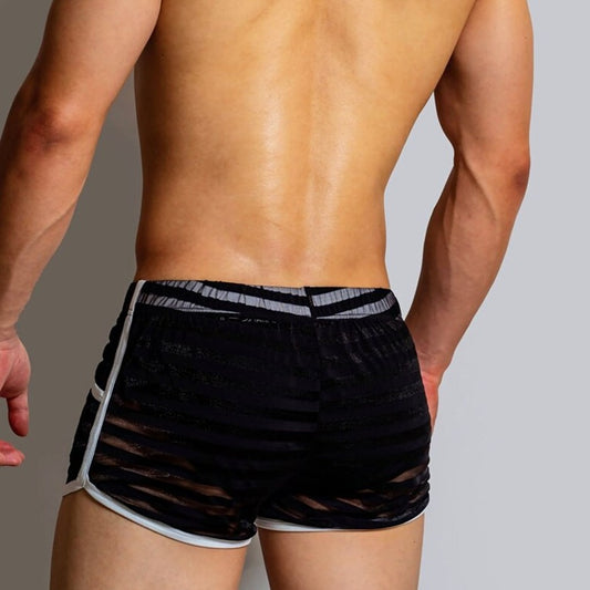 sexy gay man in black Gay Shorts | DM Striped Mesh Gym Shorts - Men's Activewear, gym short, sport shorts, running shorts- pridevoyageshop.com