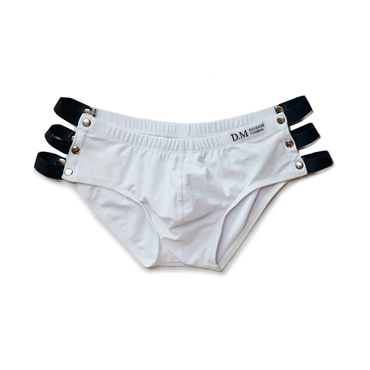 white DM Hollow Out Sideshow Swim Trunks - pridevoyageshop.com - gay men’s underwear and swimwear