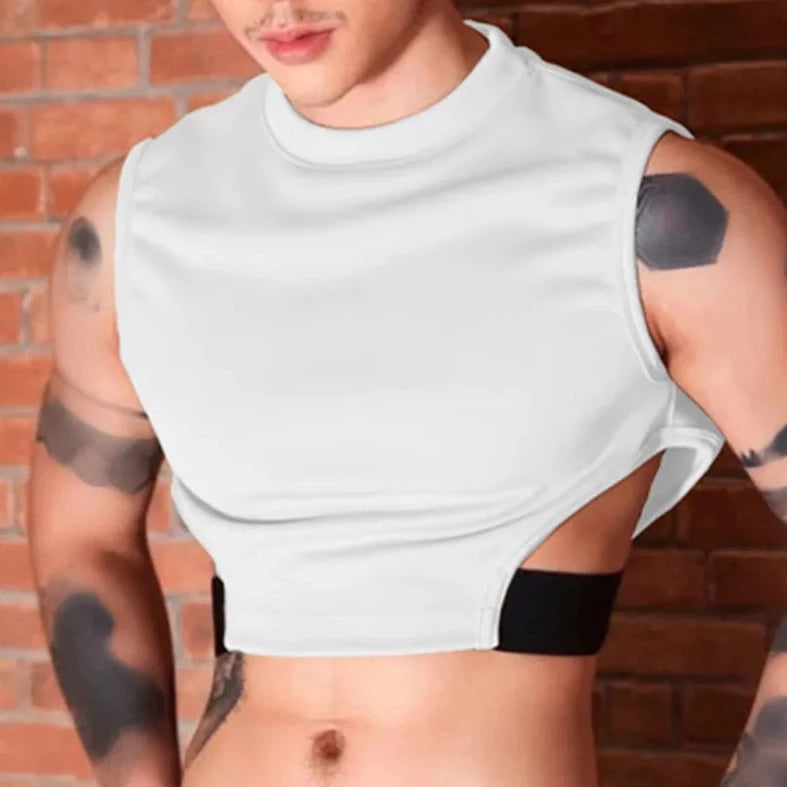 hot gay man in white Men's Designer Hollow Out Crop Tops | Gay Crop Tops & Clubwear - pridevoyageshop.com - gay crop tops, gay casual clothes and gay clothes store