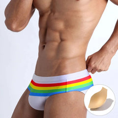 a hot gay man in white Men's Pride Ringaround Rainbow Swim Briefs - pridevoyageshop.com - gay men’s underwear and swimwear