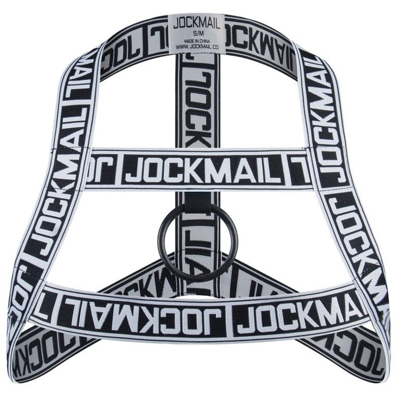 White Jockmail Letter Elastic Chest Harness: Men's Clubwear and Gay Lingerie- pridevoyageshop.com - gay men’s harness, lingerie and fetish wear
