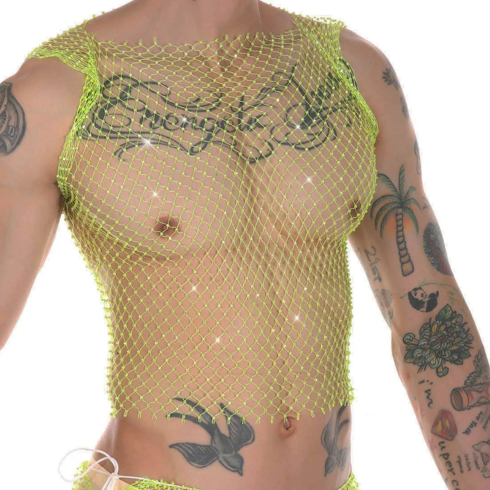 a hot gay man in green Mens Rhinestone Shiny Mesh Tank Top - pridevoyageshop.com - gay costumes, men role play outfits, gay party costumes and gay rave outfits