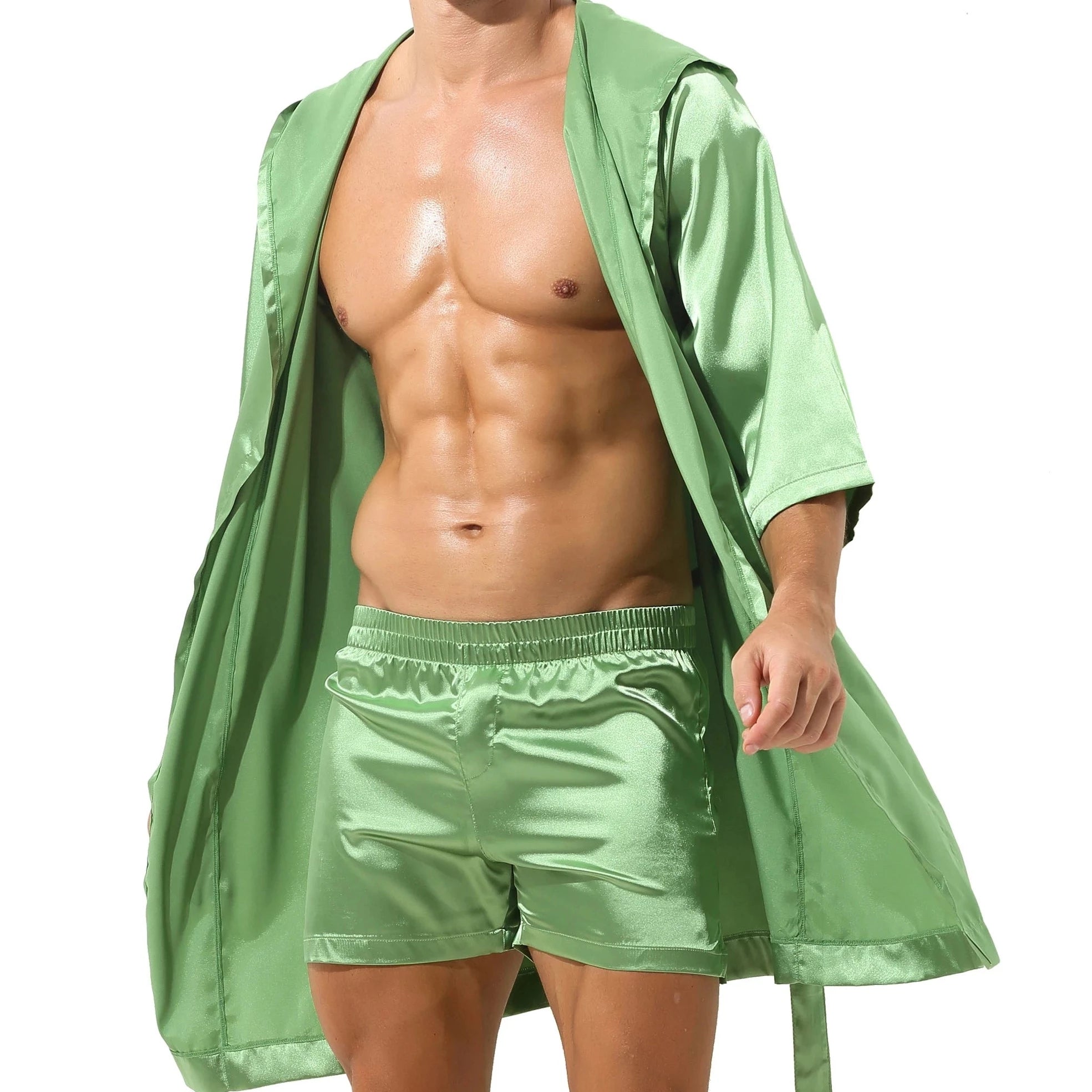 a hot guy in green Men's Silk Hooded Robe + Boxers - pridevoyageshop.com - gay men’s underwear and swimwear