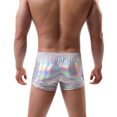sexy gay man in silver Gay Shorts | Shiny Metallic Running Shorts - Men's Activewear, gym short, sport shorts, running shorts- pridevoyageshop.com
