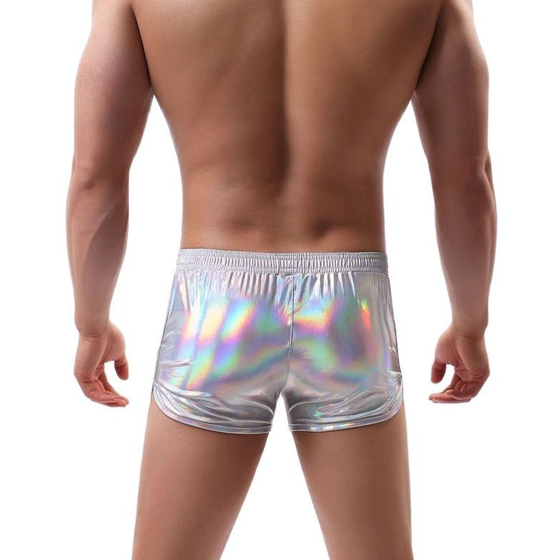 sexy gay man in silver Gay Shorts | Shiny Metallic Running Shorts - Men's Activewear, gym short, sport shorts, running shorts- pridevoyageshop.com
