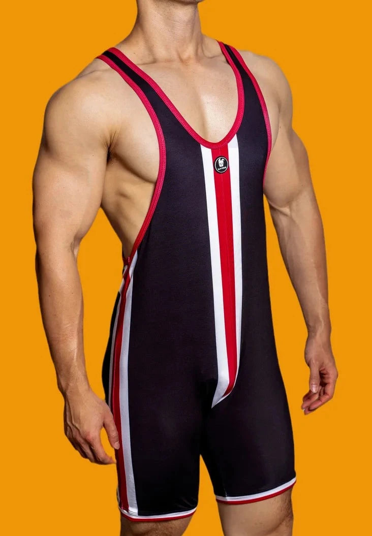 a hot gay man in black DM Striped Wrestling Singlet - Men's Singlets, Bodysuits, Rompers & Jumpsuits - pridevoyageshop.com