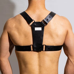 sexy gay man in Black Faux Leather Fetish Harness | Gay Harness- pridevoyageshop.com - gay men’s harness, lingerie and fetish wear