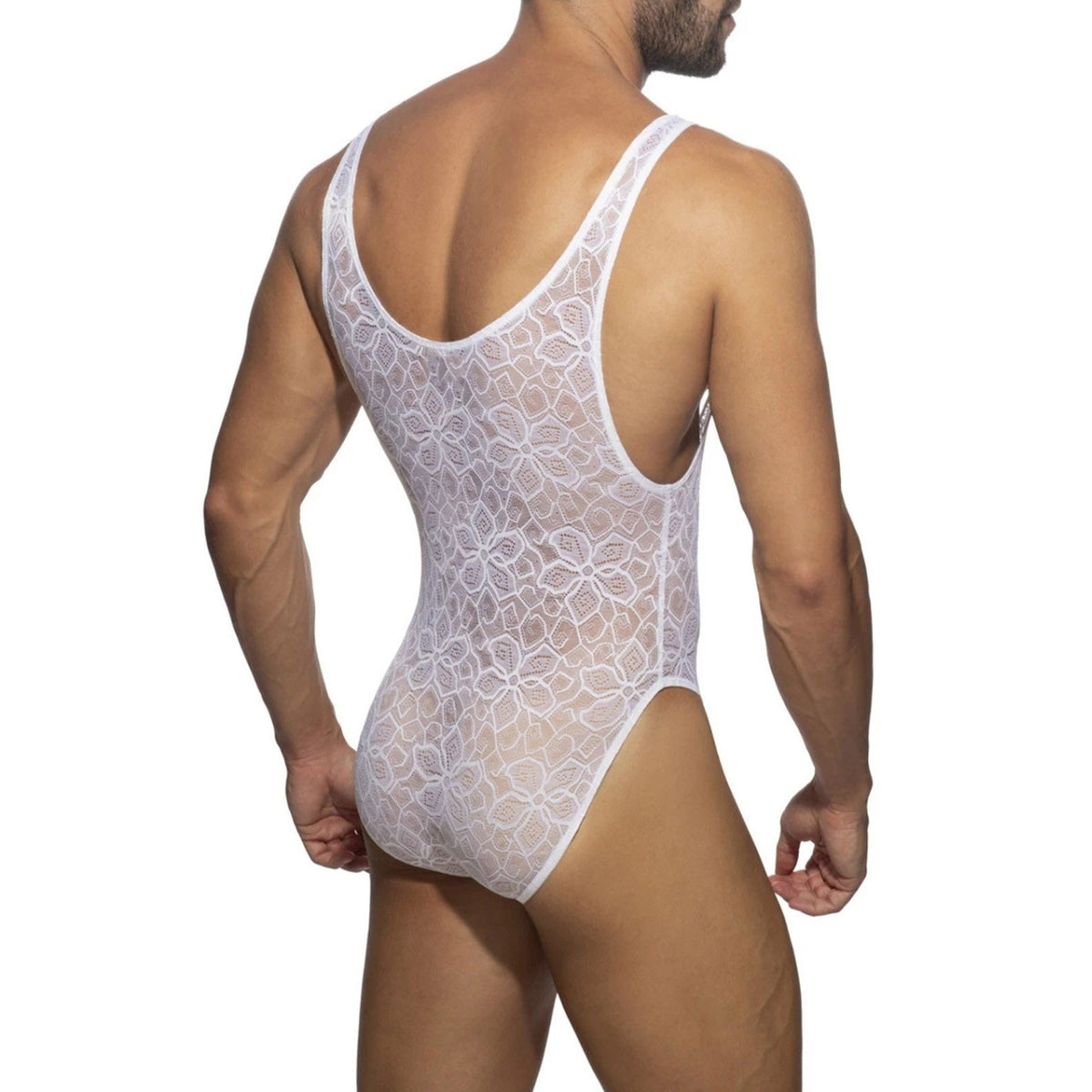 a hot gay man in white lace B Primal Lace Thong Bodysuit - Men's Singlets, Bodysuits, Leotard & Unitard - pridevoyageshop.com