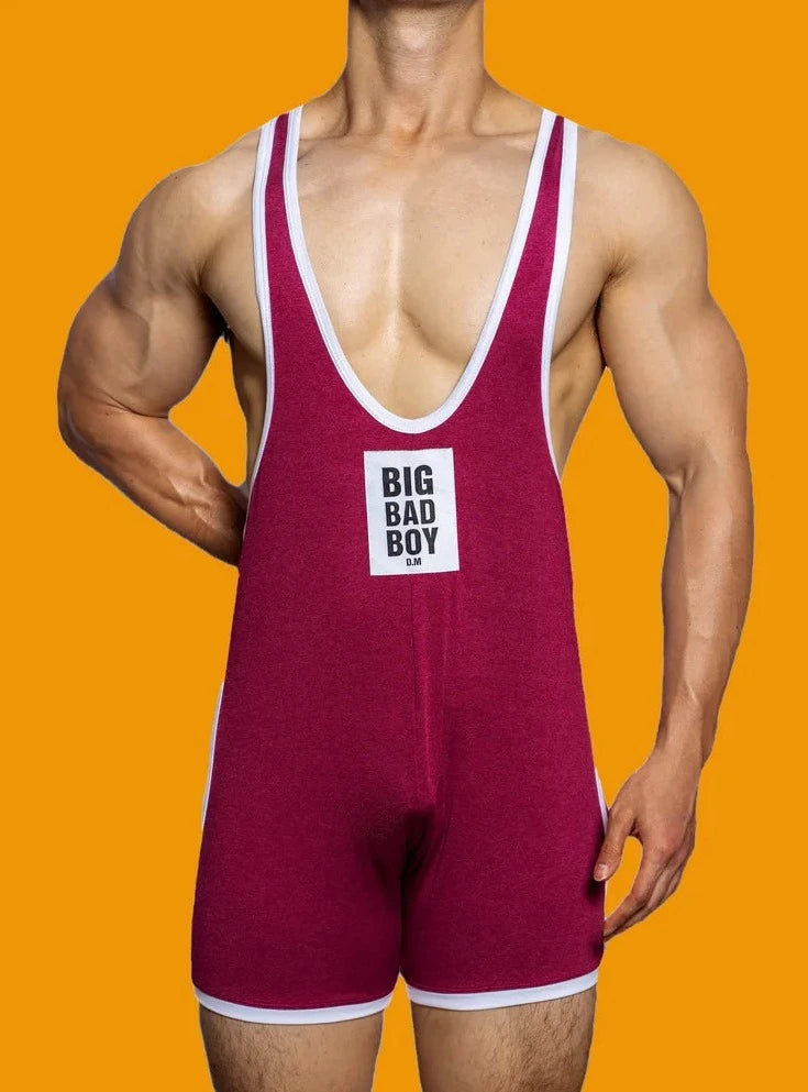 a sexy gay man in Burgundy DM Big Bad Boy Wrestling Singlet - Men's Singlets, Bodysuits, Rompers & Jumpsuits - pridevoyageshop.com