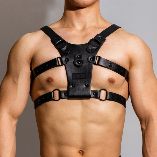 sexy gay man in Black Faux Leather Fetish Harness | Gay Harness- pridevoyageshop.com - gay men’s harness, lingerie and fetish wear