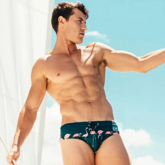 a hot gay man in dark blue Men's Flamingo Swim Briefs - pridevoyageshop.com - gay men’s underwear and swimwear