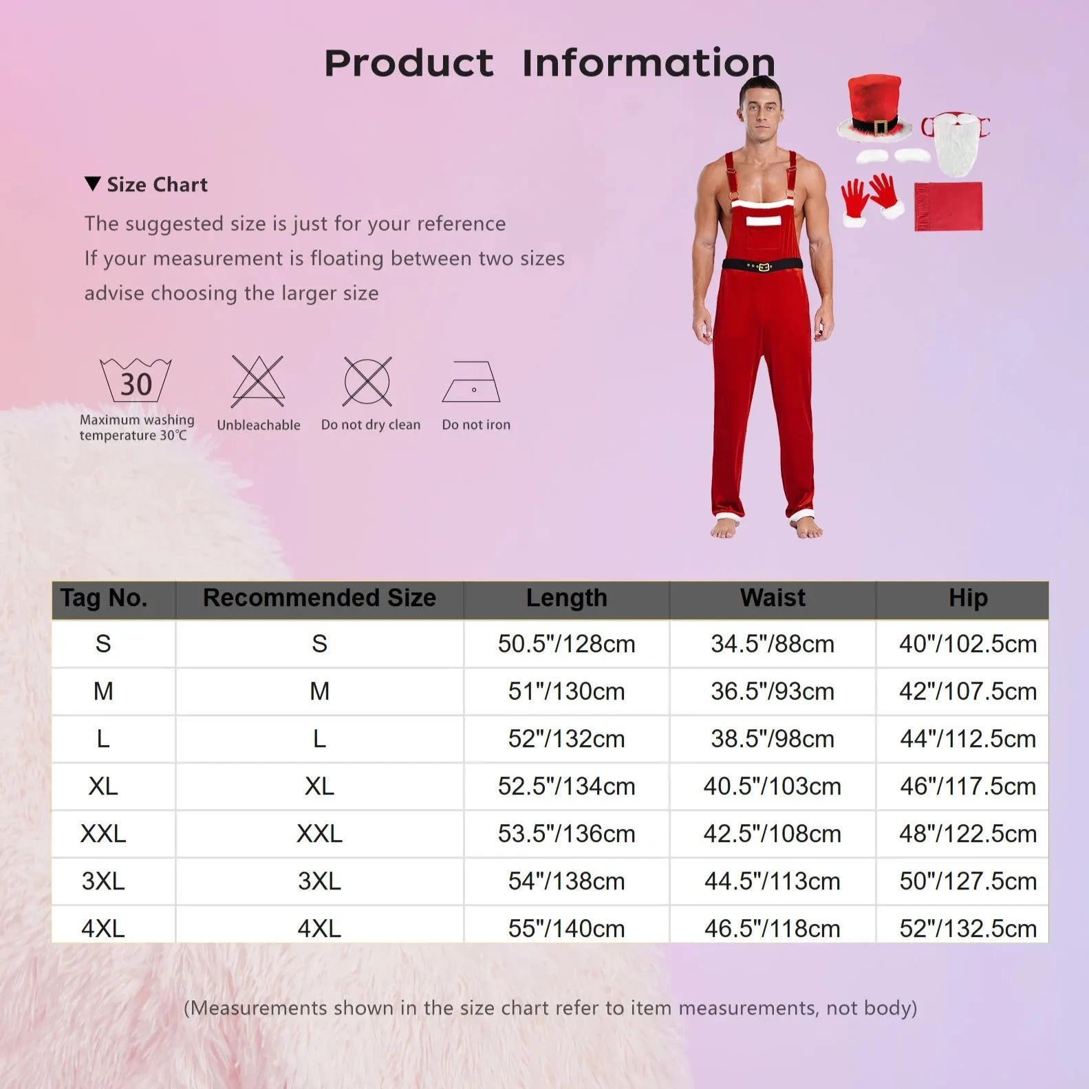 size chart of Santa’s Naughty Helper Jumpsuit Costume - pridevoyageshop.com - gay costumes, men role play outfits, gay party costumes and gay rave outfits