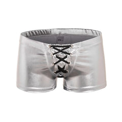 silver Shiny Metallic Faux Leather Swim Trunks - pridevoyageshop.com - gay men’s underwear and swimwear