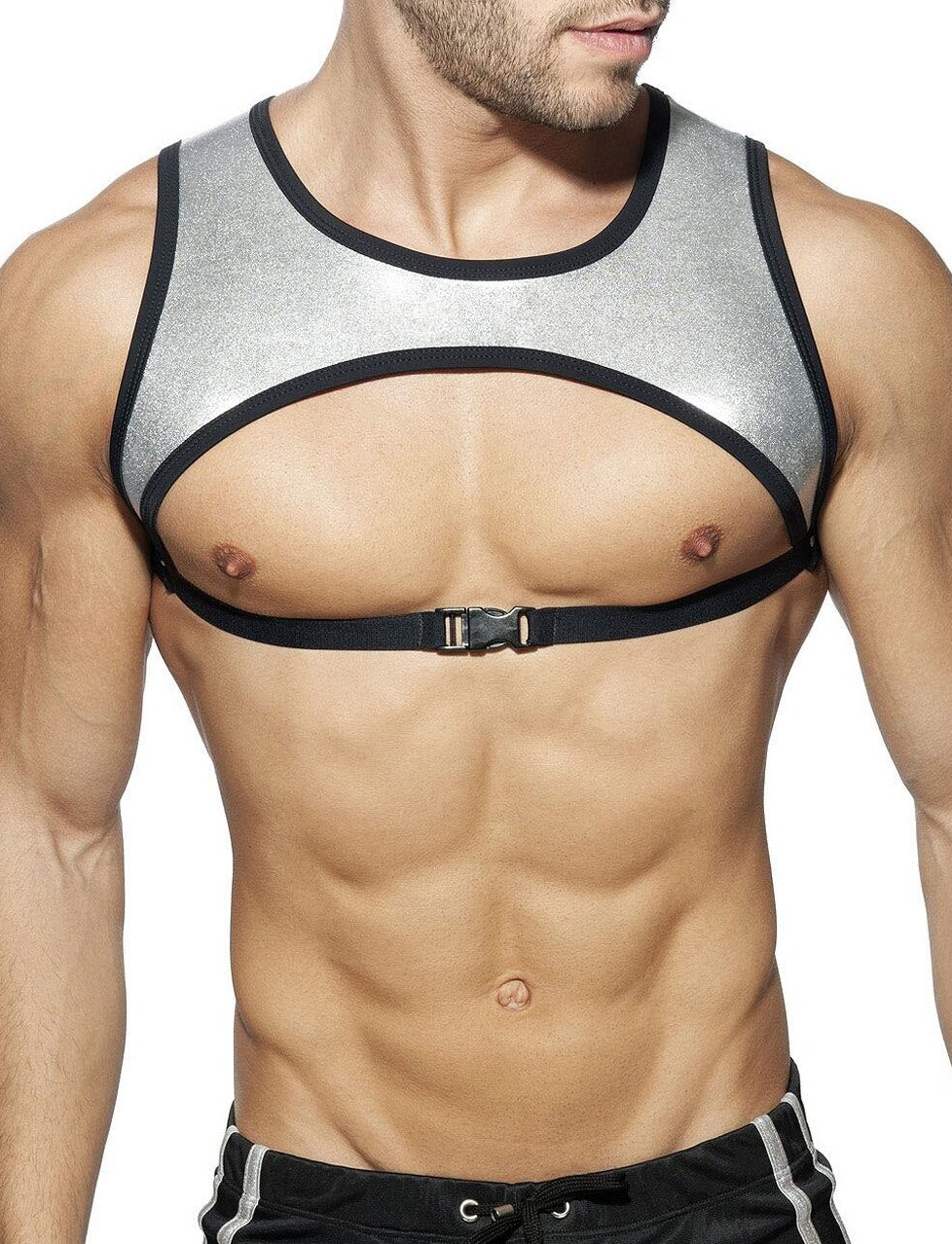 sexy gay man in silver gold Men's Metallic Chest Harness | Gay Harness- pridevoyageshop.com - gay men’s harness, lingerie and fetish wear