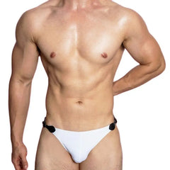 a sexy gay man in white VividFlash Leather Buckle Bikini Briefs - pridevoyageshop.com - gay men’s underwear and swimwear