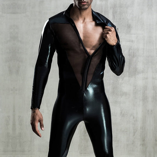 sexy gay man in Gay Bodysuit and Singlet | Faux Leather Mesh Bodysuit Clubwear - Men's Singlets, Bodysuits, Leotard & Unitard - pridevoyageshop.com