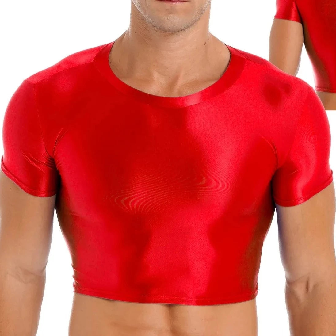 a hot gay guy in red Men's Glossy Short Sleeve Sports Crop Top | Gay Crop Tops - pridevoyageshop.com - gay crop tops, gay casual clothes and gay clothes store