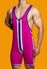 a hot gay man in Rose Red DM Striped Wrestling Singlet - Men's Singlets, Bodysuits, Rompers & Jumpsuits - pridevoyageshop.com