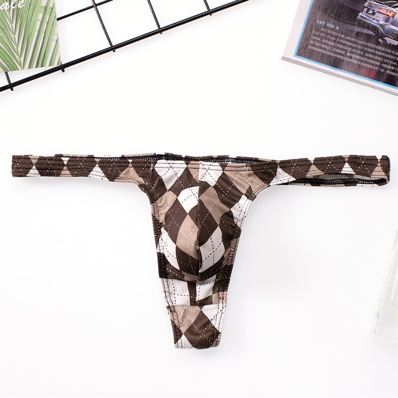 brown Sexy Plaid Bulging Pouch Thongs | Gay Men Underwear- pridevoyageshop.com - gay men’s underwear and swimwear