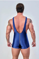 a sexy gay man in Navy blue Glossy Bodybuilder Singlets - Men's Singlets, Bodysuits, Rompers & Jumpsuits - pridevoyageshop.com